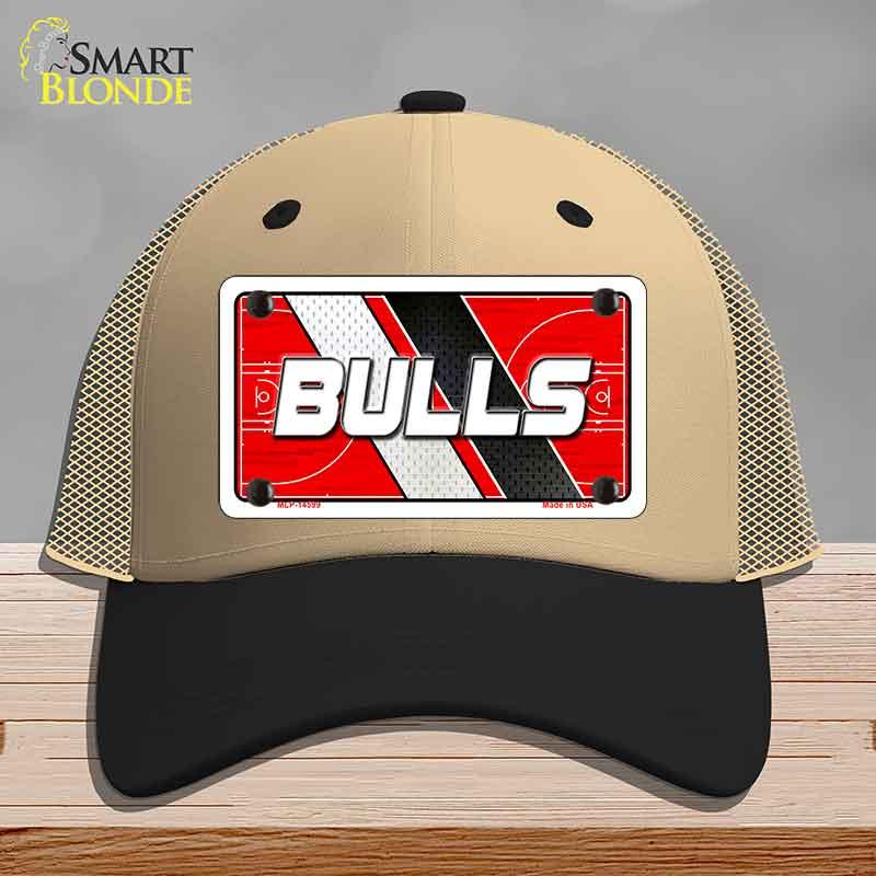 Beige and black cap with 'BULLS' logo on a gray background