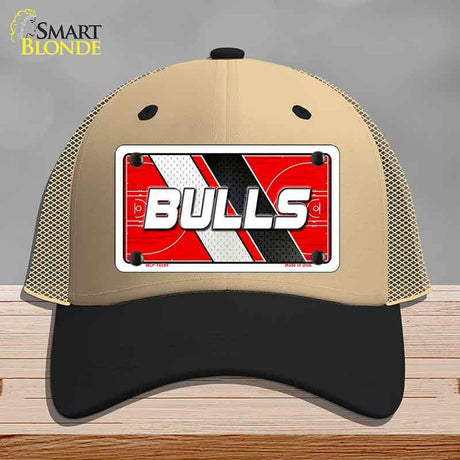 Beige and black cap with 'BULLS' logo on a gray background
