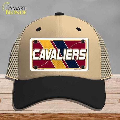 Beige and black cap with Cavaliers license plate design on a wooden surface