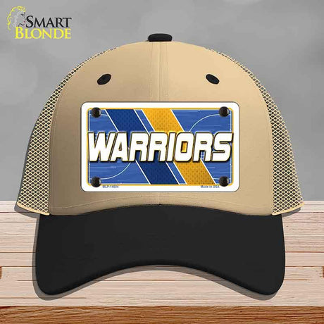 Beige and black cap with 'Warriors' logo on a gray background