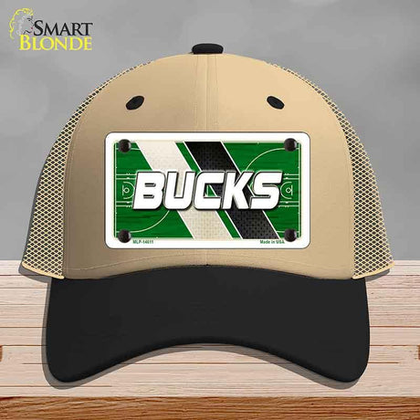 Beige and black cap with a 'Bucks' license plate design on a gray background