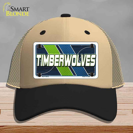Beige and black cap with a 'Timberwolves' license plate design on a gray background