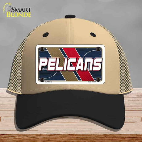 Beige and black cap with a 'Pelicans' logo on a gray background