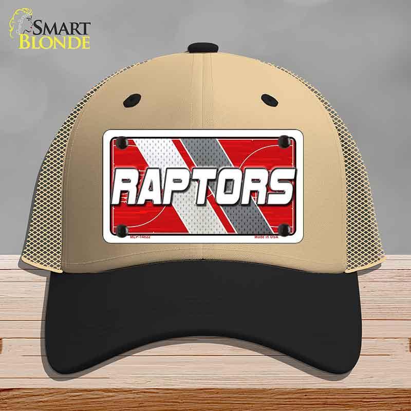 Beige and black cap with 'Raptors' design on a gray background