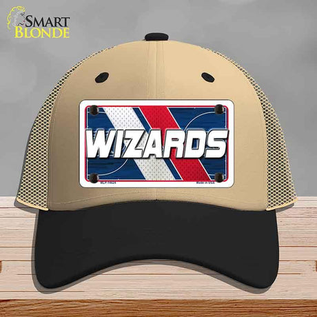 Beige and black cap with 'Wizards' design on a gray background
