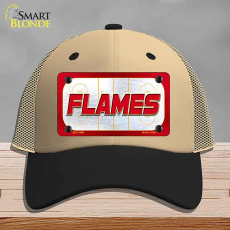 FLAMES Graphic Novelty License Plate Hat HAT-MLP-14660 Mesh Khaki|Black