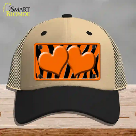 Orange Black Zebra Orange Centered Hearts Novelty License Plate Hat Mesh / Khaki|Black