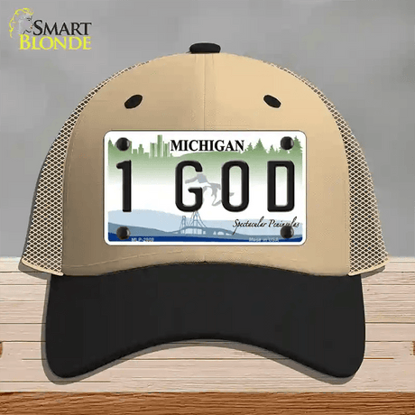 1 GOD Michigan State Novelty License Plate Hat Mesh / Khaki|Black