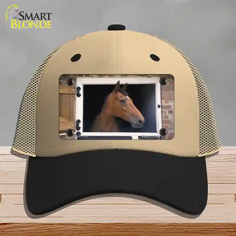 Horse In Barn Novelty License Plate Hat Mesh / Khaki|Black