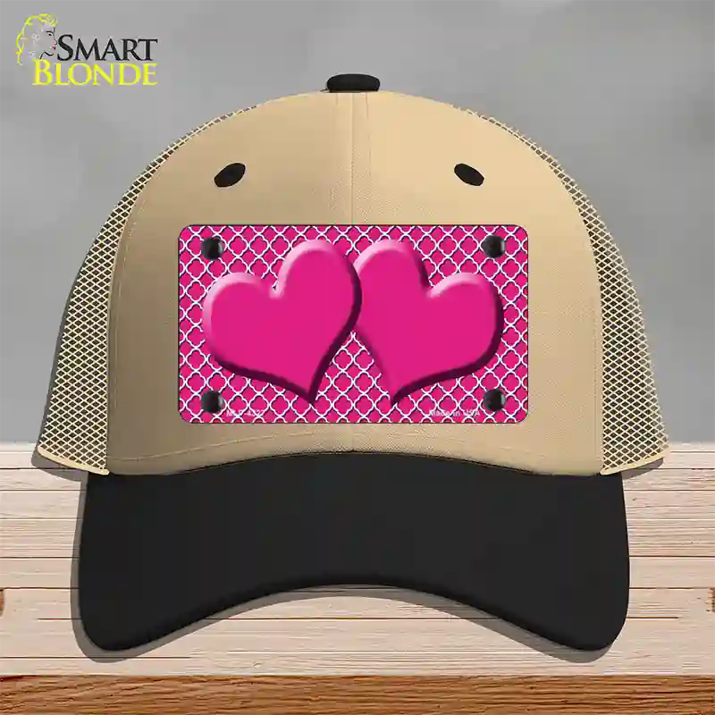 Pink White Quatrefoil Hot Pink Center Hearts Novelty License Plate Hat Mesh / Khaki|Black