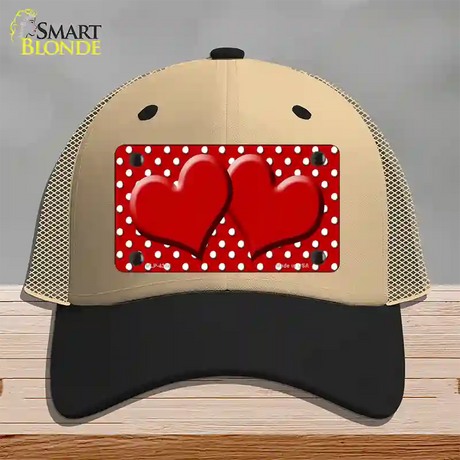Red White Polka Dot Center Hearts Novelty License Plate Hat Mesh / Khaki|Black