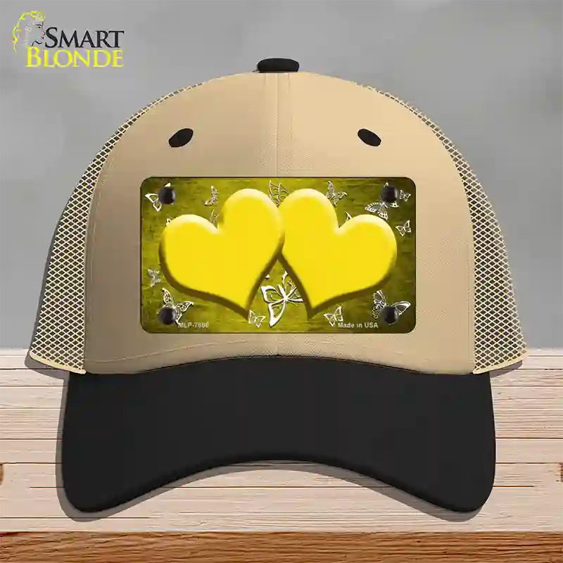 Yellow White Hearts Butterfly Oil Rubbed Novelty License Plate Hat Mesh / Khaki|Black