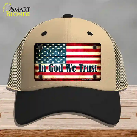 In God We Trust American Flag Novelty License Plate Hat Mesh / Khaki|Black