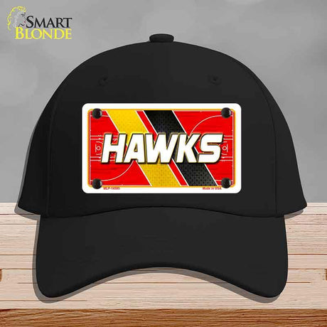 Black cap with a red and yellow license plate design featuring the word 'HAWKS' on a gray background.
