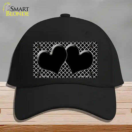 Black White Quatrefoil Black Center Hearts Novelty License Plate Hat Cotton / Black