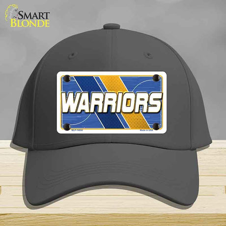 Black cap with 'Warriors' license plate design on a gray background