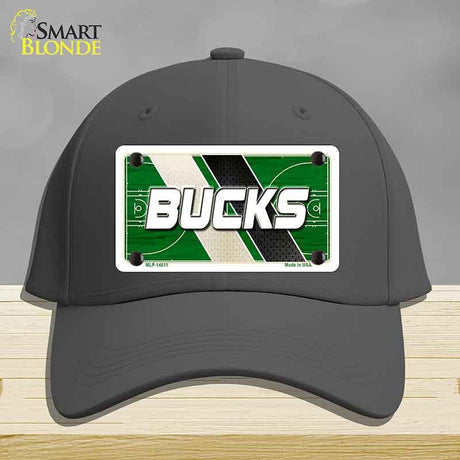 Black cap with a 'Bucks' license plate design on a gray background