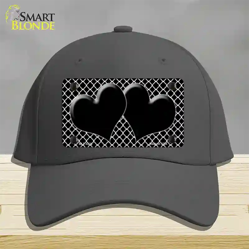 Black White Quatrefoil Black Center Hearts Novelty License Plate Hat Cotton / Charcoal