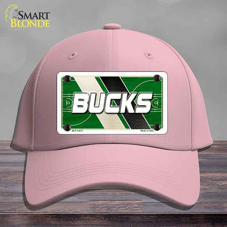 Pink cap with a 'Bucks' license plate design on a gray background