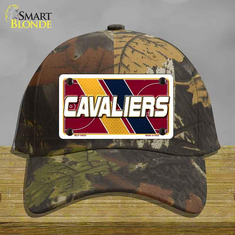 Camouflage cap with Cavaliers license plate design on a wooden surface
