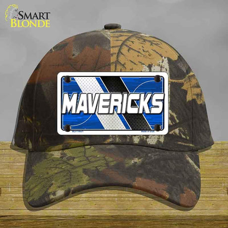 Camouflage cap with a 'MAVERICKS' license plate on a wooden surface