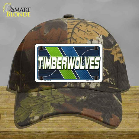 Camouflage cap with a 'Timberwolves' license plate design on a wooden surface.