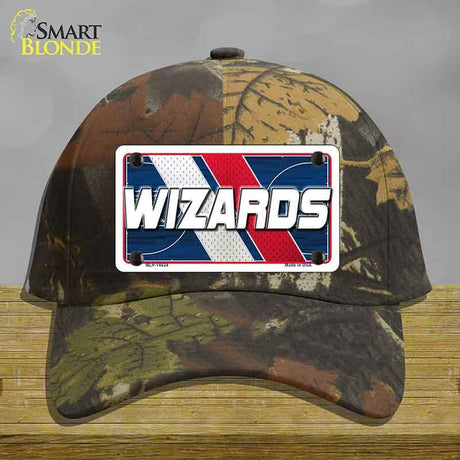 Camouflage cap with a 'Wizards' license plate design on a wooden surface.