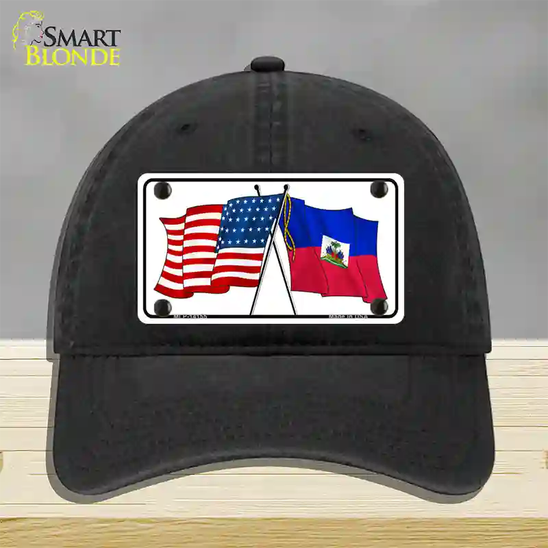 Haiti Crossed US Flag Novelty License Plate Hat Unconstructed Cotton / Black