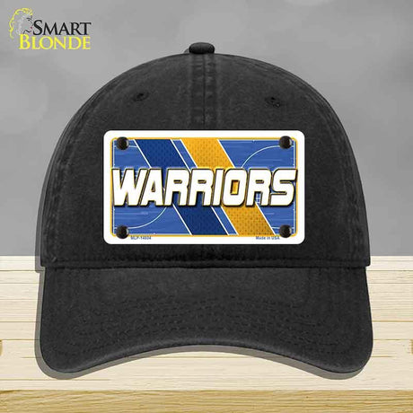 Black cap with 'Warriors' license plate design on a gray background