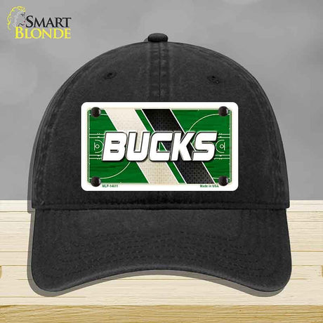 Black cap with a 'Bucks' license plate design on a gray background