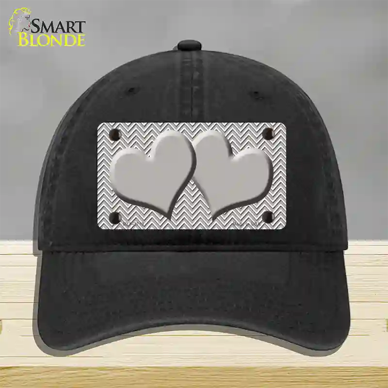 Grey White Chevon Grey Center Hearts Novelty License Plate Hat Unconstructed Cotton / Black