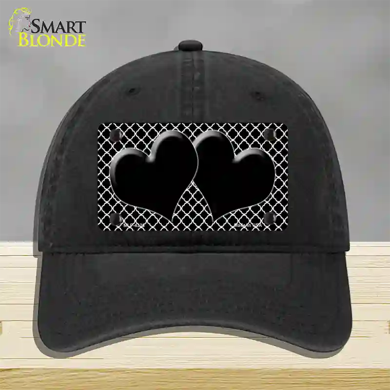 Black White Quatrefoil Black Center Hearts Novelty License Plate Hat Unconstructed Cotton / Black