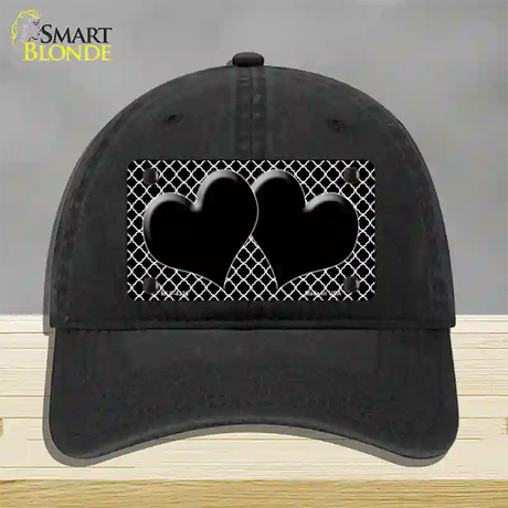 Black White Quatrefoil Black Center Hearts Novelty License Plate Hat Unconstructed Cotton / Black