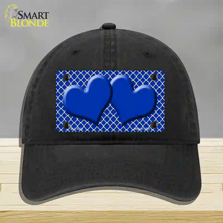 Blue White Quatrefoil Blue Center Hearts Novelty License Plate Hat Unconstructed Cotton / Black