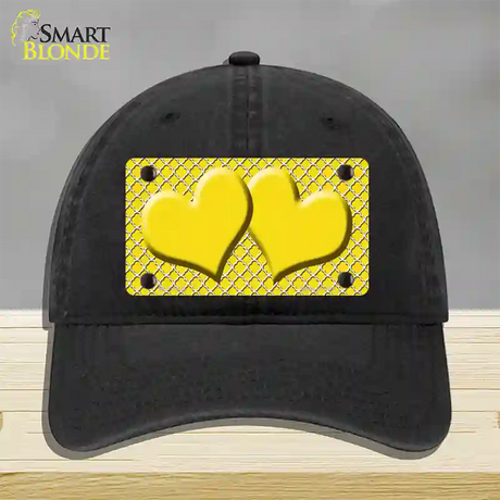 Yellow White Quatrefoil Yellow Center Hearts Novelty License Plate Hat Unconstructed Cotton / Black