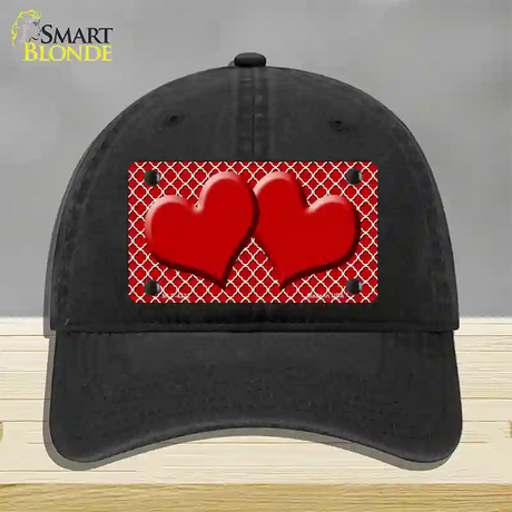 Red White Quatrefoil Red Center Hearts Novelty License Plate Hat Unconstructed Cotton / Black