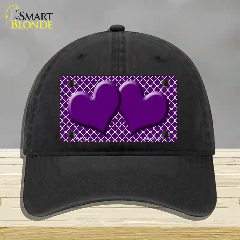 Purple White Quatrefoil Purple Center Hearts Novelty License Plate Hat Unconstructed Cotton / Black