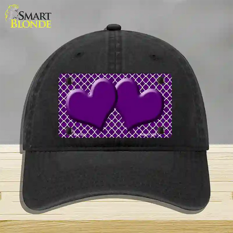 Purple White Quatrefoil Purple Center Hearts Novelty License Plate Hat Unconstructed Cotton / Black