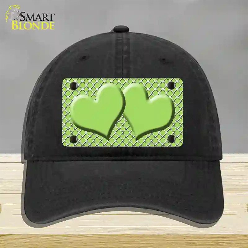 Lime Green White Quatrefoil Lime Green Center Hearts Novelty License Plate Hat Unconstructed Cotton / Black
