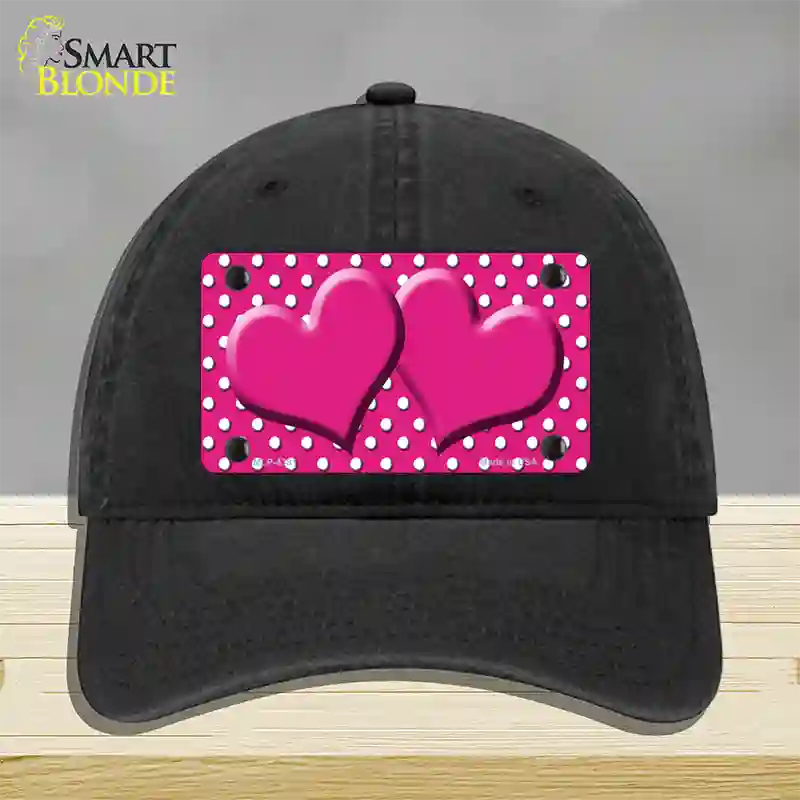 Pink White Polka Dot Center Hearts Novelty License Plate Hat Unconstructed Cotton / Black