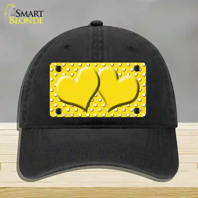 Yellow White Polka Dot Center Hearts Novelty License Plate Hat Unconstructed Cotton / Black