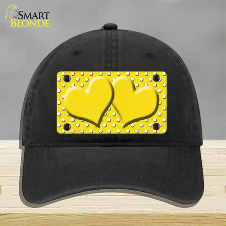 Yellow White Polka Dot Center Hearts Novelty License Plate Hat Unconstructed Cotton / Black