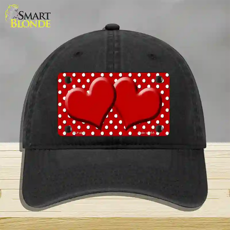 Red White Polka Dot Center Hearts Novelty License Plate Hat Unconstructed Cotton / Black