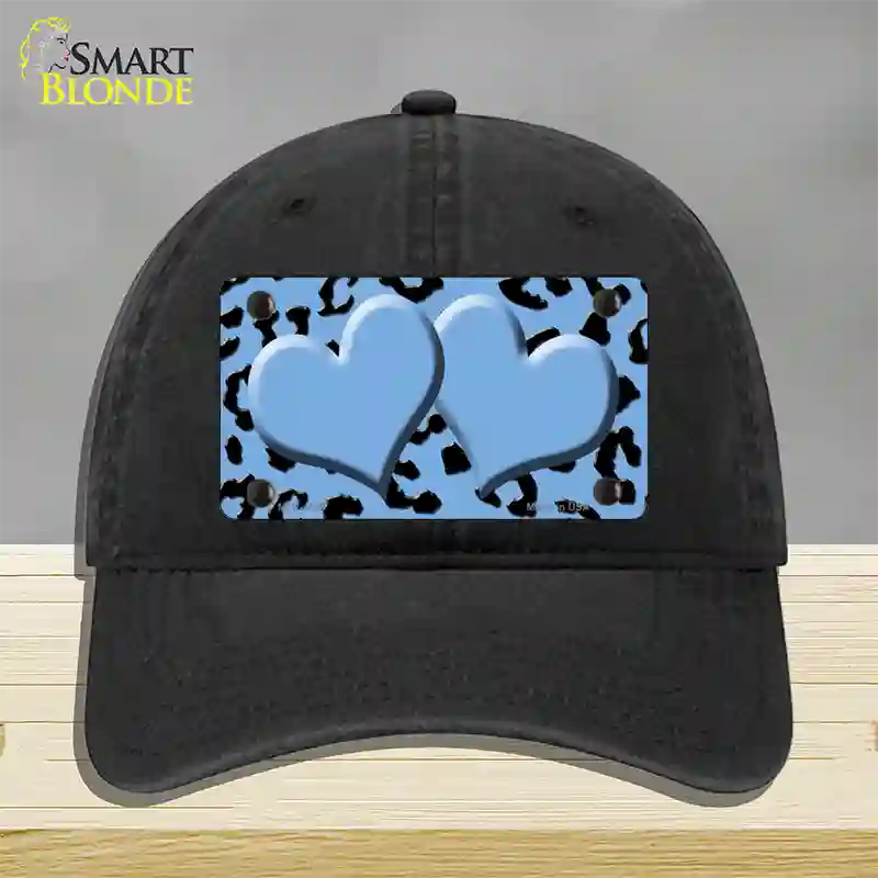 Light Blue Black Cheetah Light Blue Center Hearts Novelty License Plate Hat Unconstructed Cotton / Black