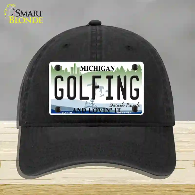 Golfing Michigan State Novelty License Plate Hat Unconstructed Cotton / Black
