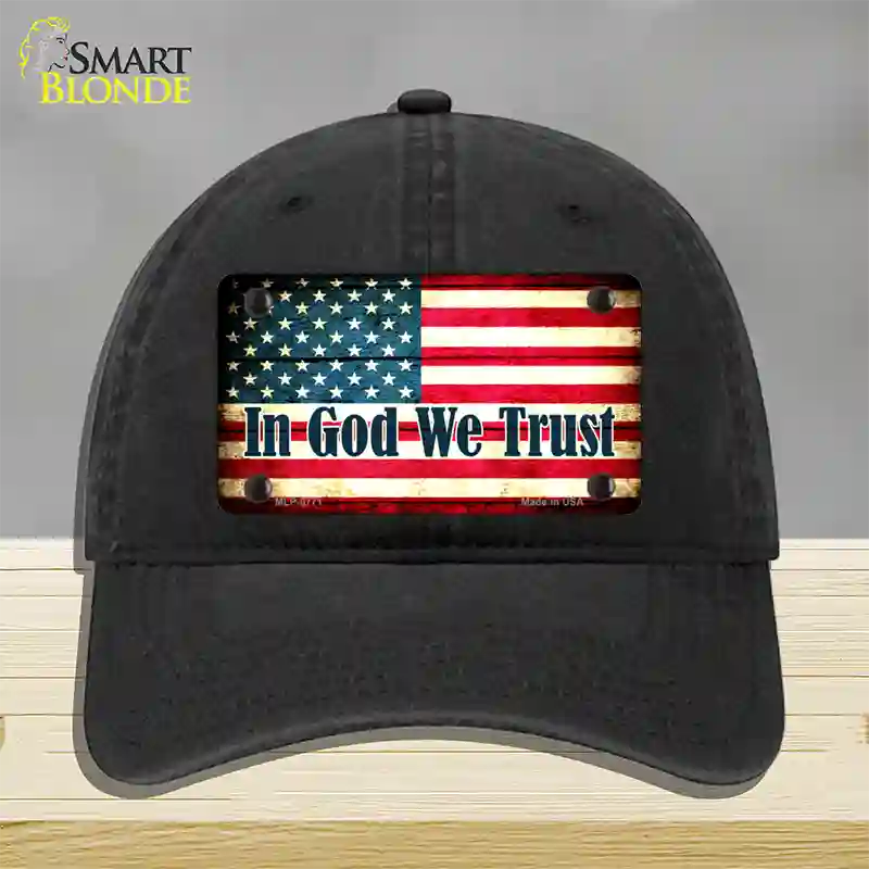 In God We Trust American Flag Novelty License Plate Hat Unconstructed Cotton / Black