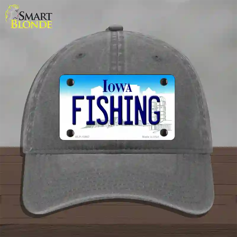 Fishing Iowa Novelty License Plate Hat Unconstructed Cotton / Charcoal