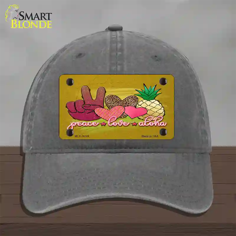 Peace Love Aloha Novelty License Plate Hat Unconstructed Cotton / Charcoal