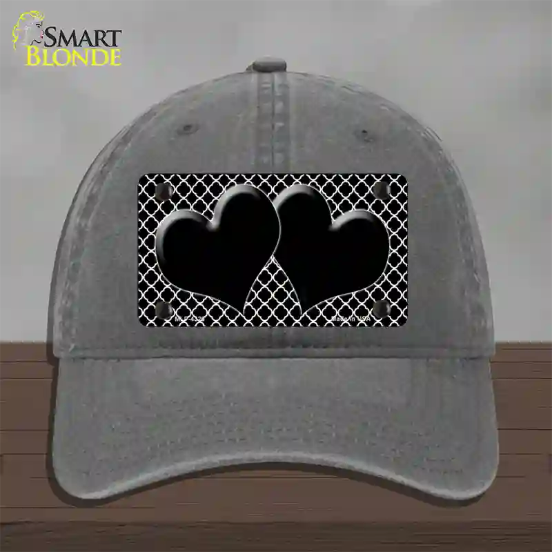 Black White Quatrefoil Black Center Hearts Novelty License Plate Hat Unconstructed Cotton / Charcoal