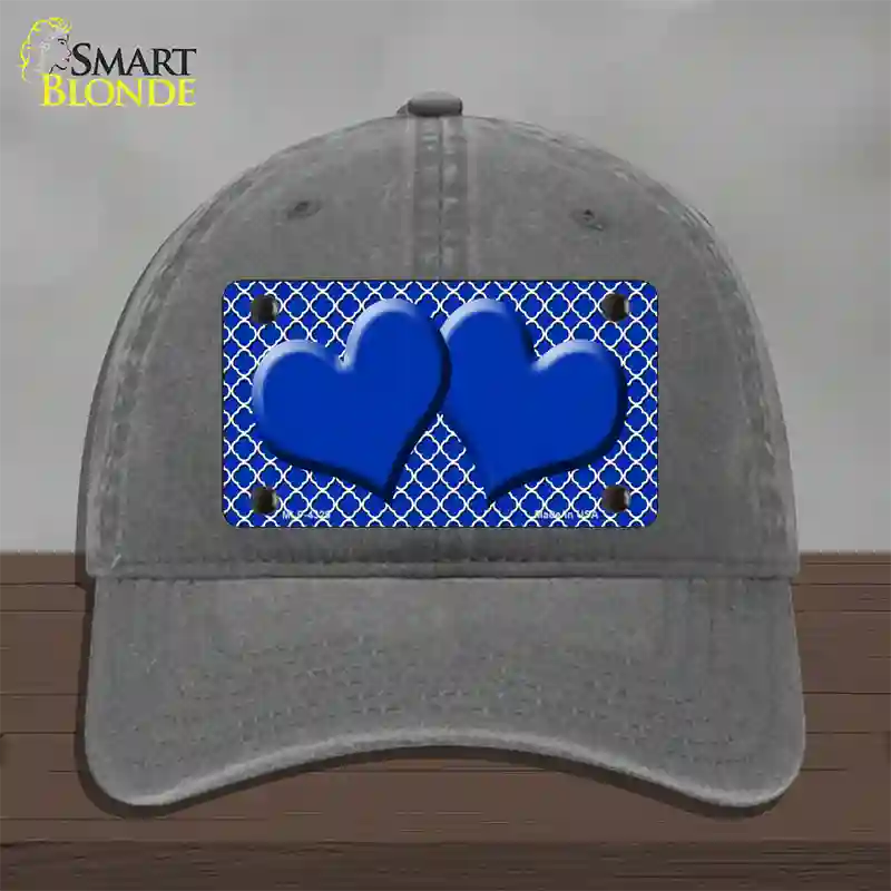 Blue White Quatrefoil Blue Center Hearts Novelty License Plate Hat Unconstructed Cotton / Charcoal